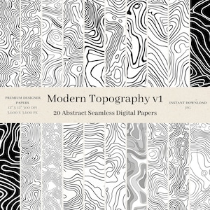 20 papiers numériques de topographie moderne - Papier numérique urbain sans couture, motif de répétition de carte, scrapbooking, abstrait noir et blanc, imprimable, v1
