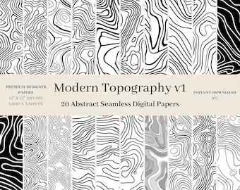 20 Modern Topography Digital Papers - Urban Seamless Digital Paper, Map Repeat Pattern, Scrapbook, Abstract Black & White, Printable, v1