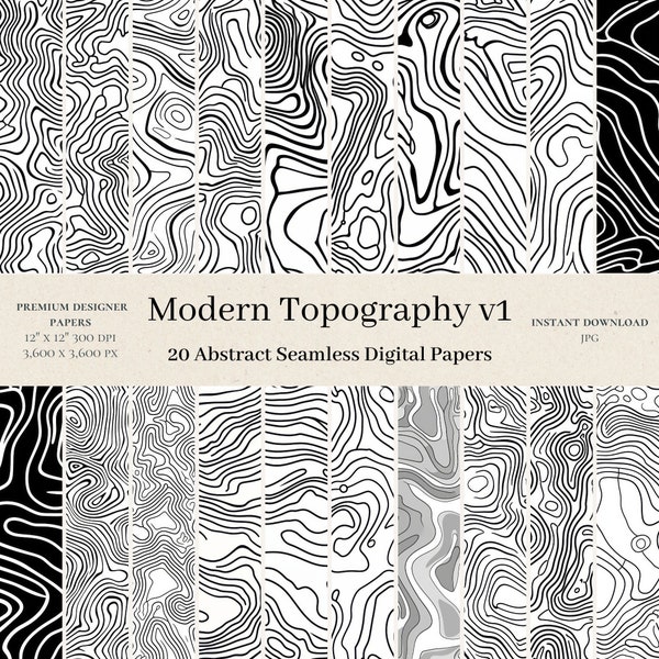 20 Modern Topography Digital Papers - Urban Seamless Digital Paper, Map Repeat Pattern, Scrapbook, Abstract Black & White, Printable, v1