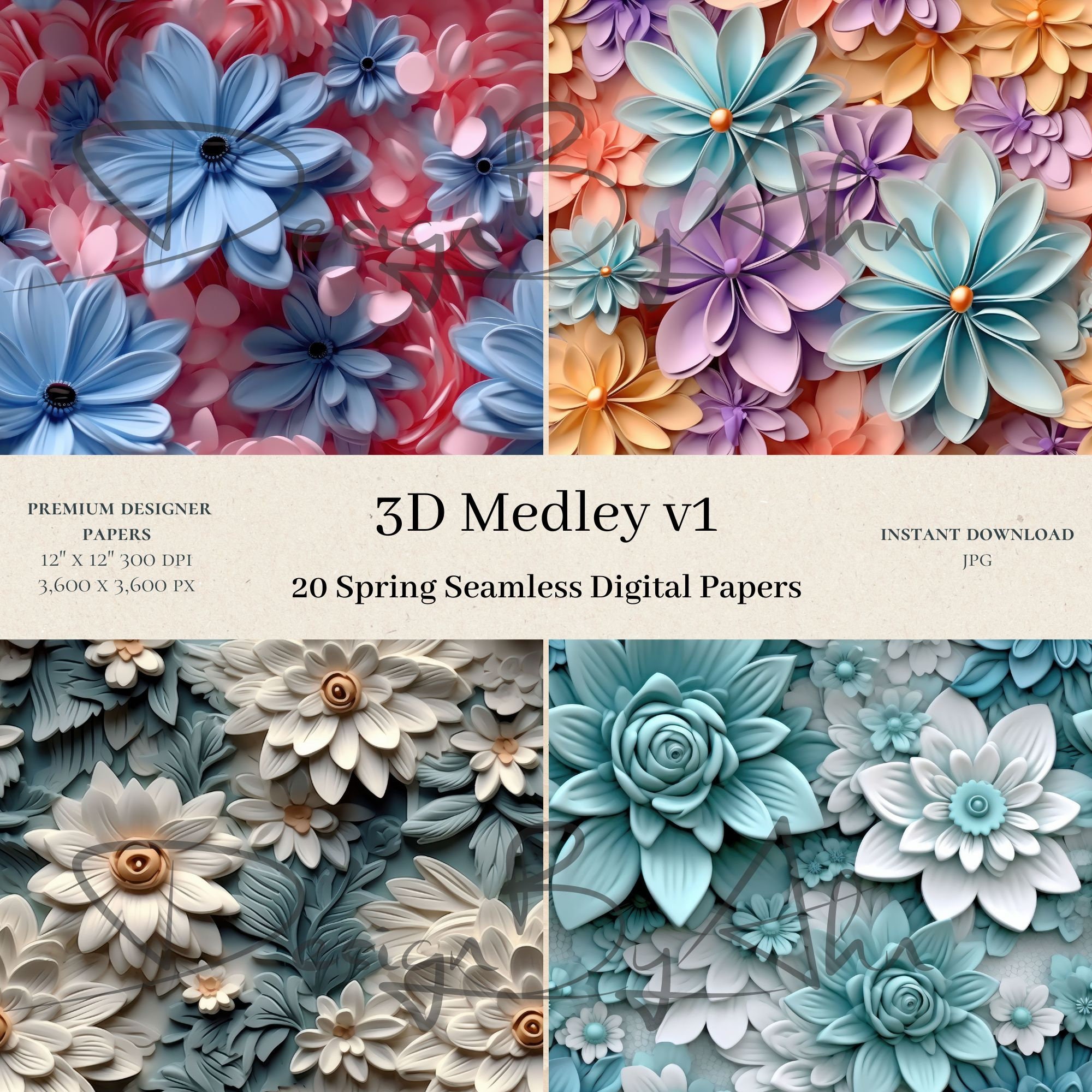 20 3D Medley Digital Papers - Sublimination Scrapbook, Seamless Digital ...
