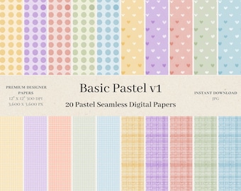 20 Basic Pastel Digital Papers - Pastel Scrapbook, Seamless Digital Paper, Seamless Pattern, Baby Color Backgrounds, Commercial Use, v1