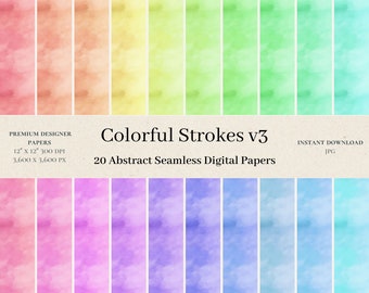 20 Colorful Strokes Digital Papers - Watercolor Scrapbook, Seamless Digital Paper, Seamless Pattern, Abstract Background, Commercial Use, v3