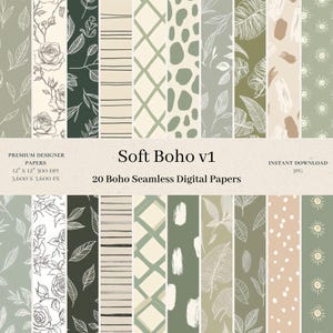 20 Soft Boho Digital Papers - Green Sage Seamless Digital Paper, Beige Repeat Pattern, Scrapbook, Botanical Boho Printable Commercial Use v2