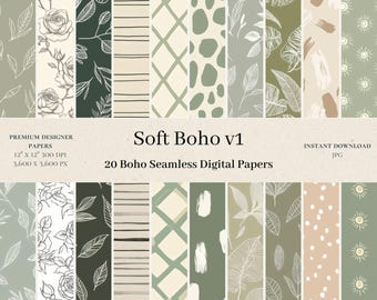 20 mjuka bohemiska digitala papper - grön salvia sömlöst digitalt papper, beige upprepat mönster, klippbok, botanisk bohemisk utskrivbar kommersiell användning v2