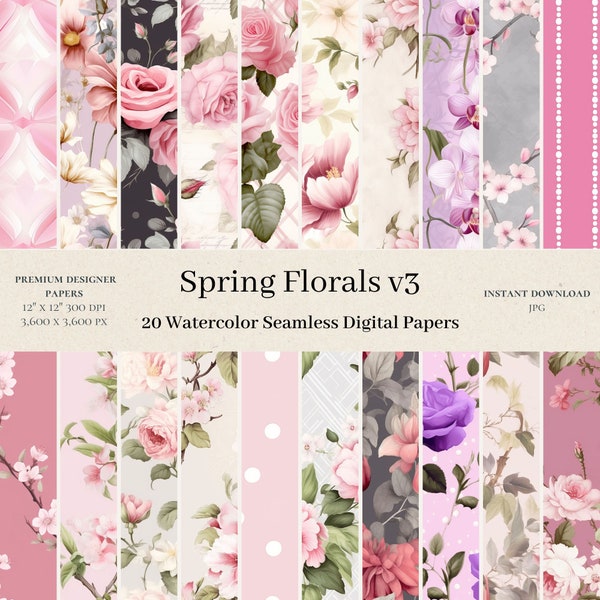 20 Spring Florals Digital Papers - Watercolor Scrapbook, Blush Pink Florals, Seamless Pattern, Pink & Ivory Backgrounds, Commercial Use, v3