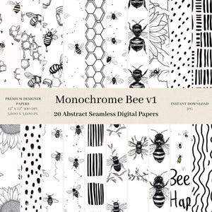 Könnte beinhalten: Ein Set mit 20 digitalen Papieren mit Schwarzweiß-Illustrationen von Bienen, Waben und abstrakten Mustern. Die Papiere sind 30,5 cm x 30,5 cm groß und haben eine Auflösung von 300 DPI. Der Titel "Monochrome Bee v1" wird oben im Bild angezeigt.