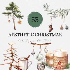 53 Aesthetic Christmas Clipart Set - Transparent Background, Digital PNG, Commercial Use, Watercolor, Printable, Holiday, Trees, Ornaments