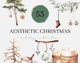53 Aesthetic Christmas Clipart Set - Transparent Background, Digital PNG, Commercial Use, Watercolor, Printable, Holiday, Trees, Ornaments