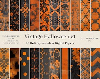 20 Vintage Halloween Digital Papers - Gothic Seamless Pattern, Black & Orange Digital Paper, Designer Scrapbook, Faded Grunge Paper, JPG v1