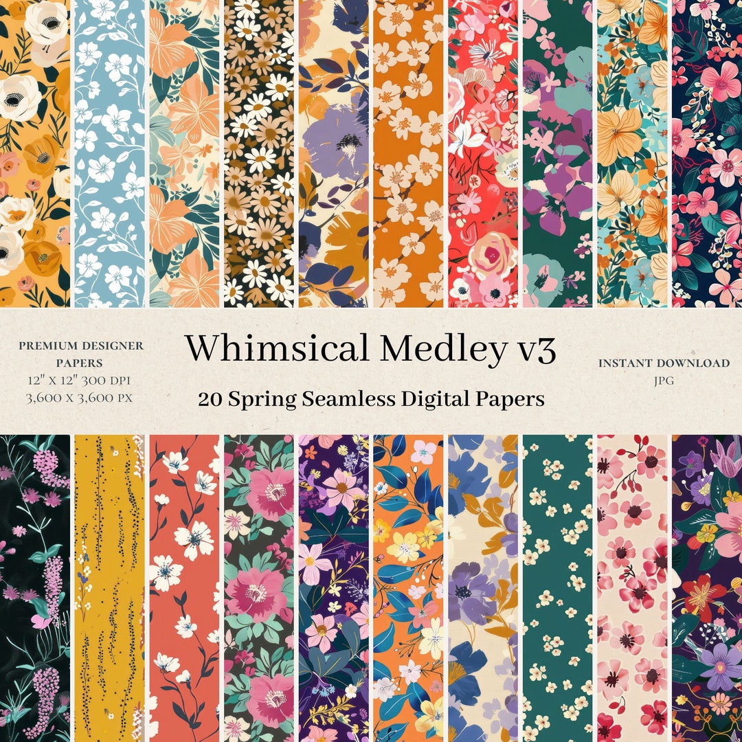 20 Whimsical Medley Digital Papers - Flowers Seamless Pattern, Floral ...