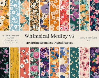 20 Whimsical Medley Digital Papers - Flowers Seamless Pattern, Floral Prints, Flowers Background, Spring Digital Paper, Scrapbook, v3