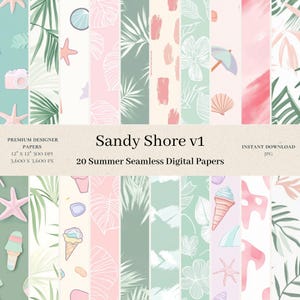 May include: A set of 20 digital papers featuring summer-themed patterns. The patterns include palm leaves, ice cream cones, seashells, starfish, and watercolor washes in shades of pink, green, and blue. The papers are 12 inches by 12 inches and 300 DPI.