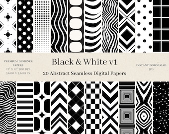 20 zwart-wit digitale papers - geometrisch plakboek, naadloos digitaal papier, naadloos patroon, geruite achtergrond, commercieel gebruik, v1