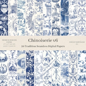 20 papeles digitales estilo chinoiserie: papel digital sin costuras con diseño de Toile de Jouy vintage, diseño francés antiguo, fondo azul, imprimible v6