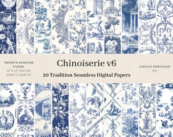 20 Chinoiserie Digital Papers - Vintage Toile De Jouy Scrapbook, Seamless Digital Paper, Old French Pattern, Blue Background, Printable v6