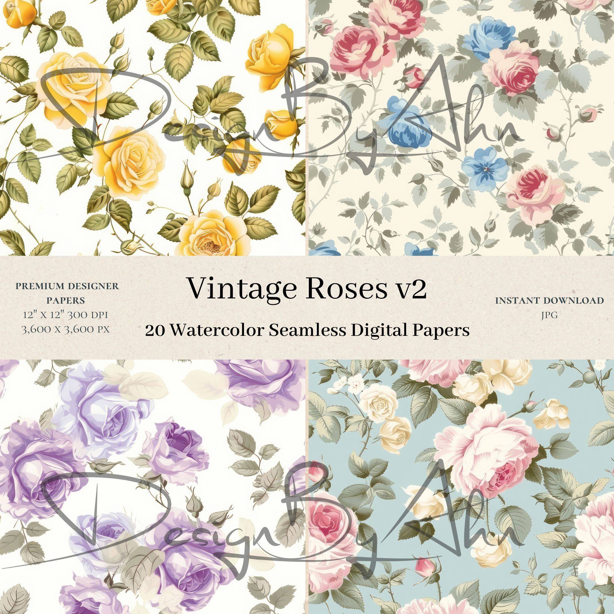 20 Vintage Roses Digital Papers - Flower Scrapbook, Seamless Digital ...