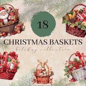 18 Christmas Basket Clipart Set - Arrangements, Wedding Invite, Digital Clipart PNG, Junk Journal, Gift Basket, Ornaments, Transparent