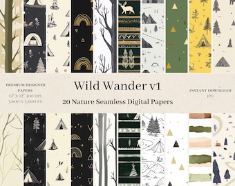 20 Wild Wander Digital Papers - Wild Camping Scrapbook, Seamless Repeat Pattern, Boho, Bear, Deer, 300dpi 12x12 inches Instant Download v1