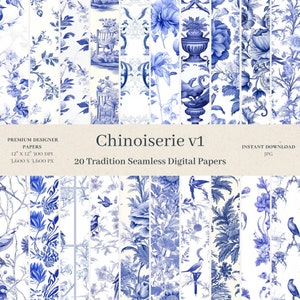 20 Chinoiserie Digital-Papiere - Blumen-Sammelalbum, nahtloses digitales Papier, asiatisches Muster, blauer keramischer Hintergrund, französischer Toile De Jouy, v1