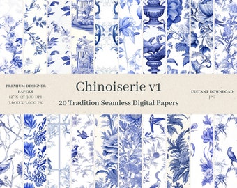 20 Chinoiserie Digital Papers - Flower Scrapbook, Seamless Digital Paper, Asian Pattern, Blue Ceramic Background, French Toile De Jouy, v1