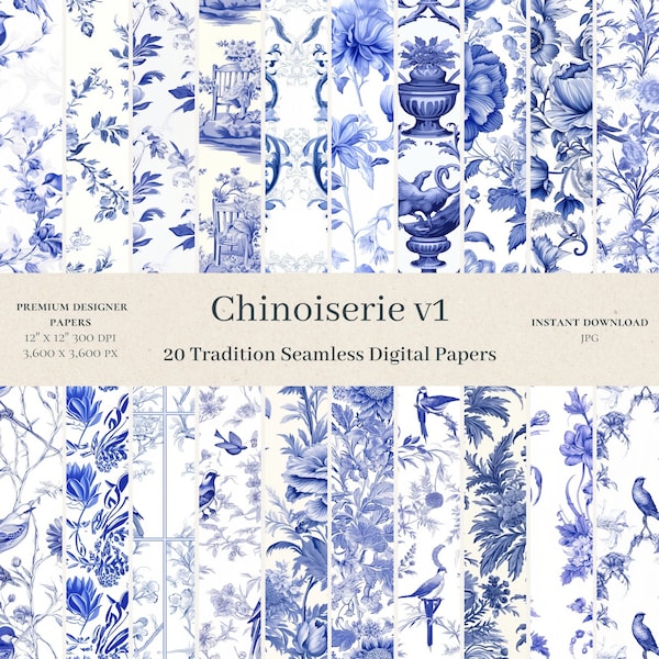 20 Chinoiserie Digital Papers - Flower Scrapbook, Seamless Digital Paper, Asian Pattern, Blue Ceramic Background, French Toile De Jouy, v1