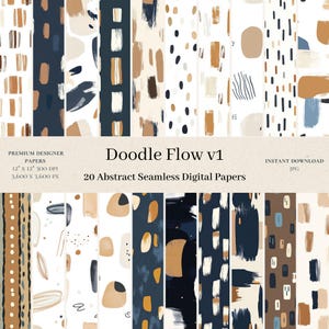 May include: A collection of 20 abstract seamless digital papers. The designs feature brushstrokes, shapes, and patterns in shades of navy, tan, and cream. The papers are 12" x 12" and 300 DPI. The text on the image reads "Doodle Flow v1" and "Instant Download JPG".