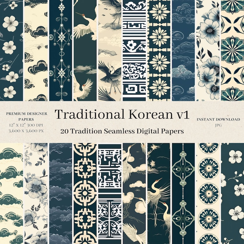 20 Traditional Korean Digital Papers Handdrawn Scrapbook, Seamless