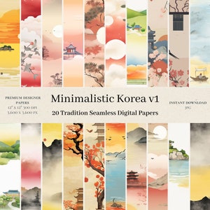20 artículos digitales minimalistas de Corea: diario basura, álbum de recortes, papel digital sin costuras, patrón de Asia, fondo digital, uso comercial, v1