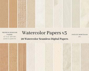 20 papeles de acuarela digitales: papel digital sin costuras en color beige, fondo neutro, textura marrón suave, digital v3