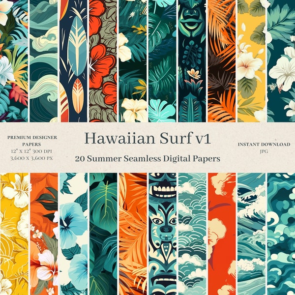 20 Hawaiian Surf Digital Papers - JPG - Tropical Seamless Pattern, Surf Digital Paper, Scrapbook, Commercial, Digital Pattern, v1