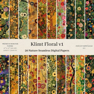 May include: A set of 20 digital papers featuring a seamless pattern inspired by the artwork of Gustav Klimt. The papers feature a colourful floral design with circles, dots, and lines in shades of yellow, green, red, and brown. The papers are 30.5 cm by 30.5 cm and 300 DPI.