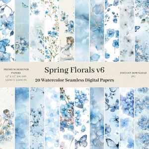 20 Spring Florals Digital Papers - Watercolor Scrapbook, Dusty Flowers, Abstract Seamless Pattern, Wedding Backgrounds, Commercial Use, v6