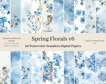 20 Spring Florals Digital Papers - Watercolor Scrapbook, Dusty Flowers, Abstract Seamless Pattern, Wedding Backgrounds, Commercial Use, v6