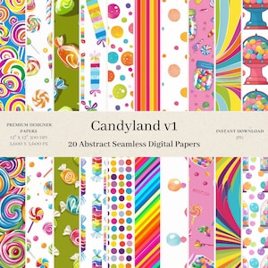 May include: A set of 20 digital papers featuring candy-themed designs. The papers include colorful stripes, polka dots, swirls, and candy jars. The papers are 12 inches by 12 inches and 300 DPI.