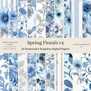 20 Spring Florals Digital Papers - Botanical Scrapbook, Blue Florals, Seamless Pattern, Blue Bouquets Backgrounds, Commercial Use, v4