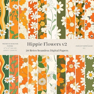 20 Hippie Flowers Digital Papers - 70s Flower Seamless Patterns, Vintage Scrapbook Paper, Retro Patterns, Hippie Design, Commercial Use v2
