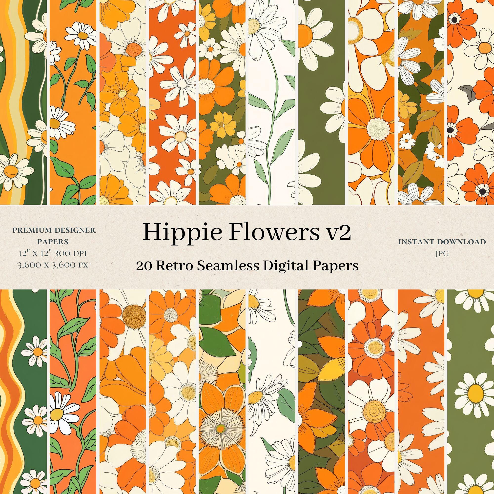 20 Hippie Flowers Digital Papers - 70s Flower Seamless Patterns, Vintage Scrapbook Paper, Retro Patterns, Hippie Design, Commercial Use v2