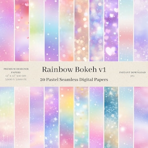 May include: 20 digital papers featuring a rainbow bokeh effect with pastel colours, stars, and hearts. The papers are 12 inches by 12 inches and 300 DPI.