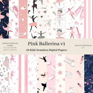 20 Pink Ballerina Digital Papers - Star Seamless Pattern, Nursery Junk Journal, Ballet Scrapbook, Ballet Shoes, Commerical Use v1