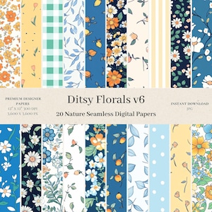 20 Ditsy Florals Digital Papers - Yellow, Blue Seamless Pattern, Lilac Junk Journal, Nursery Background, Flowers, Commercial Use v6