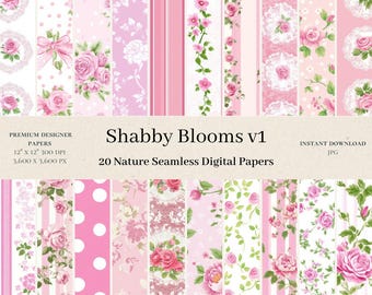 20 Shabby Blooms Digital Papers - Shabby Chic Seamless Pattern, Pink Junk Journal, Rose Nursery Background, Vintage Floral Commercial Use v1
