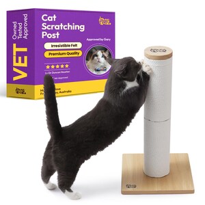 May include: A gray and white cat scratches a white rope-wrapped cat scratching post on a wooden base. A purple box with the text "Cat Scratching Post" and "Irresistible Felt" is in the background.