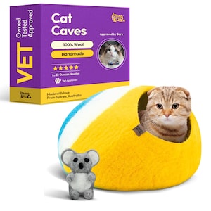Handmade Merino Wool Cat Cave – Cozy, Calming  – Hypoallergenic Hideaway for Cats  – Small Pets (Great Barrier Reef)