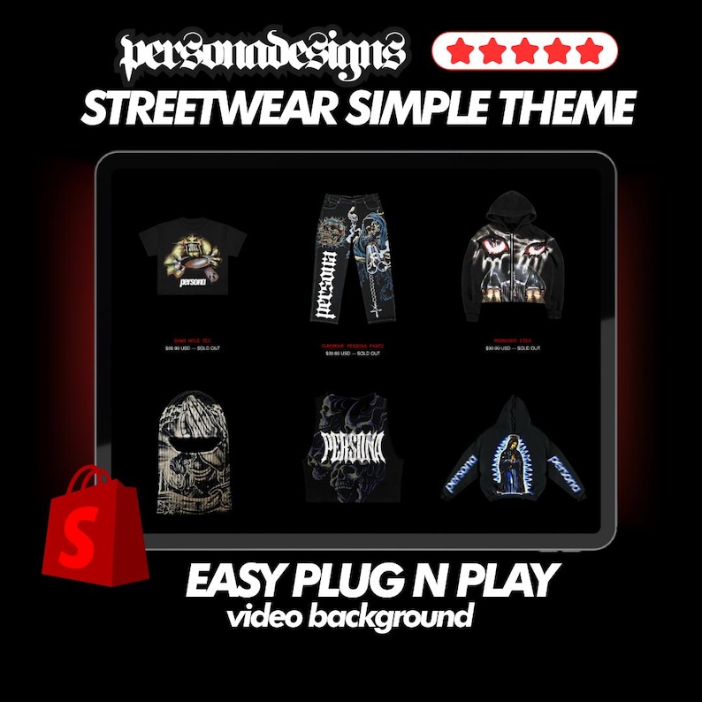 K&ouml;nnte beinhalten: Ein Computerbildschirm zeigt ein Mockup einer Website einer Streetwear-Bekleidungsmarke. Die Website bietet eine Vielzahl von Kleidungsst&uuml;cken, darunter T-Shirts, Hoodies, Hosen und Masken. Die Website ist in einem einfachen, modernen Stil mit schwarzem Hintergrund und wei&szlig;em Text gestaltet. Der Text auf dem Bildschirm lautet "personadesigns" und "STREETWEAR SIMPLE THEME".