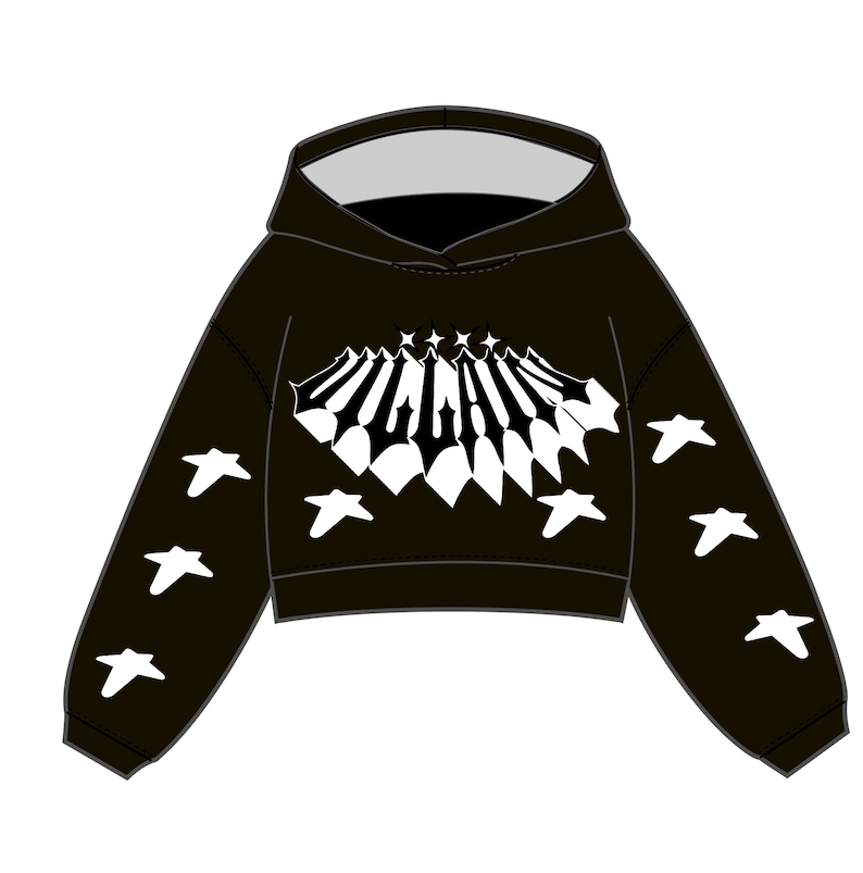 May include: Black cropped hoodie with a white graphic print of the word "WILDFIRE" in a stylised font. The hoodie has a hood and long sleeves with white stars printed on the sleeves.