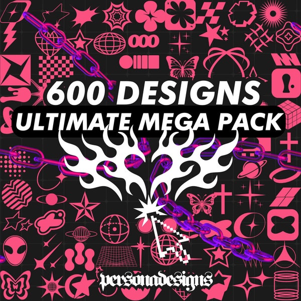 Y2K JUMBO PACK Vector Shapes Icons SVG Designs Clothing Streetwear Brand Assets Mock Up