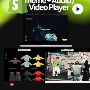 May include: A laptop screen displays a website with the text "SHOP HERE". Below, a grid showcases clothing items, including jackets and trousers. The image also features a green shopping bag icon and the words "Theme + Audio / Video Player".