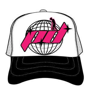 May include: A white and black trucker hat with a pink logo featuring a globe and the text "P.O.D."  The logo also includes a silhouette of a person standing on a skateboard.