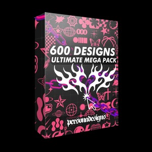 May include: A black and pink box with the text "600 DESIGNS ULTIMATE MEGA PACK" and the logo "personadesigns". The box is covered in a variety of pink and white designs, including stars, hearts, butterflies, and chains.