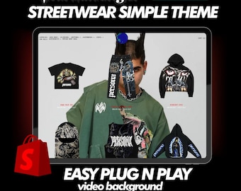 May include: A digital mockup of a streetwear video background template with the text "STREETWEAR SIMPLE THEME" and "EASY PLUG N PLAY video background". The background features a person wearing a green sweatshirt with various graphic designs, including a skull, a bat, and the word "persona".